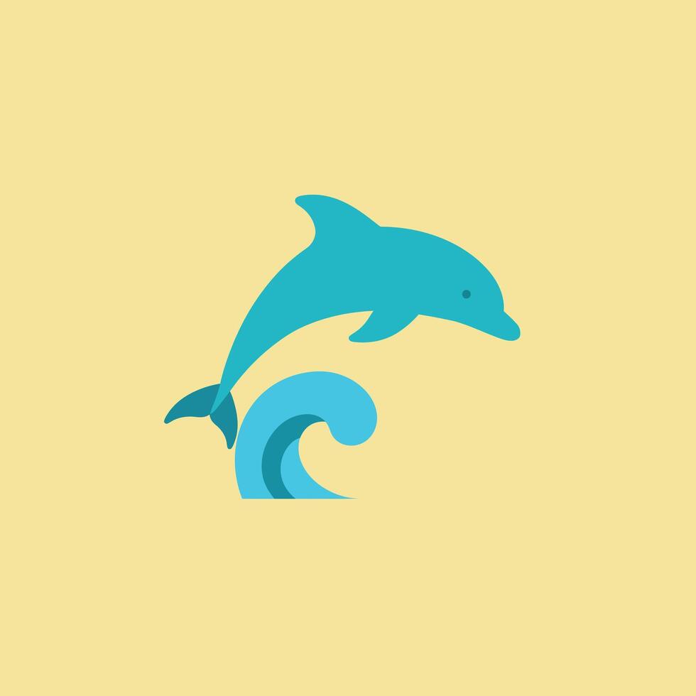 Dolphin jumping over blue wave illustration with soft yellow background in minimal style vector