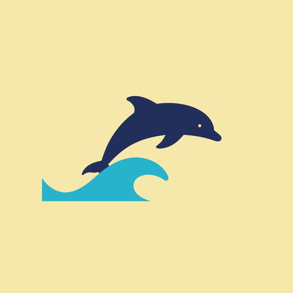 Dolphin jumping over ocean wave simple illustration with blue and navy colors on beige background vector