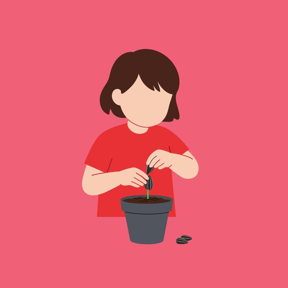 Child planting seed in pot with pink background illustration for gardening and education concepts vector