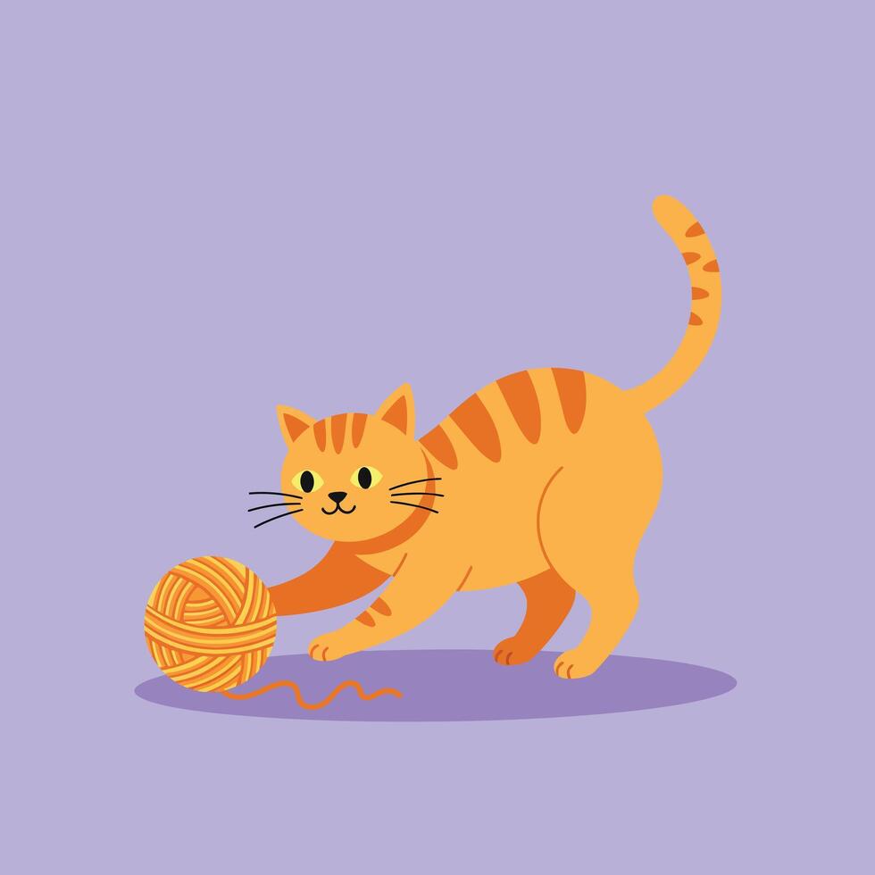 Orange tabby cat playing with wool ball on purple background illustration vector