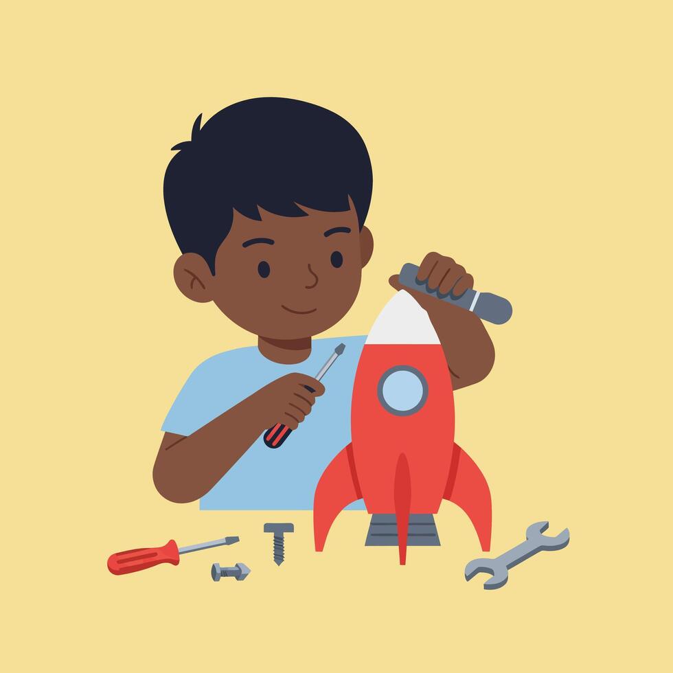 Boy assembling red rocket toy with screwdriver and wrench on yellow background illustration vector