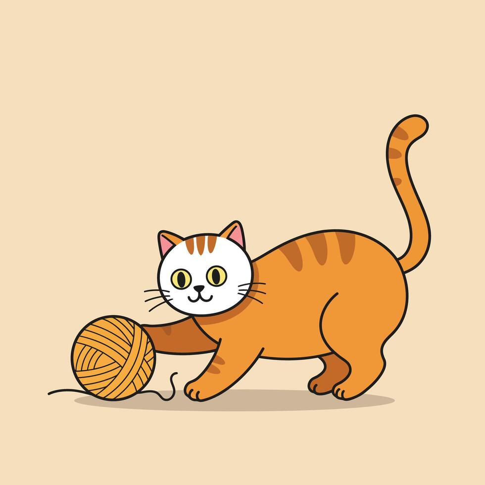 Orange tabby cat playing with yarn ball illustration in playful pose on beige background vector