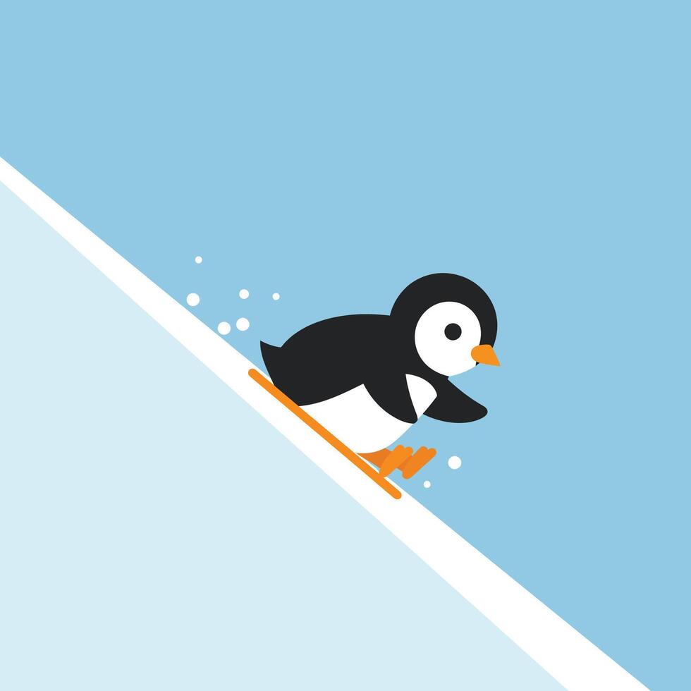 Penguin sliding down snowy slope in winter landscape with blue sky background illustration vector