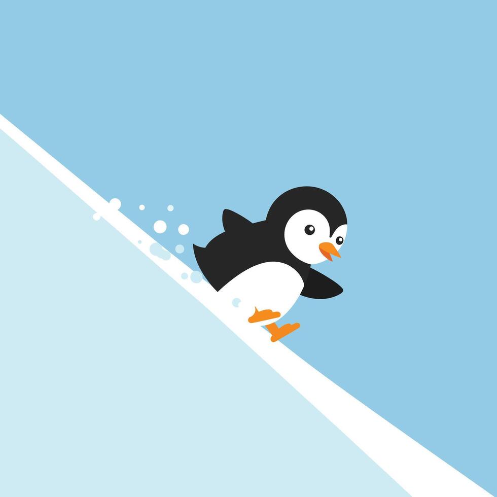 Penguin sliding downhill on snow slope with blue sky background illustration vector
