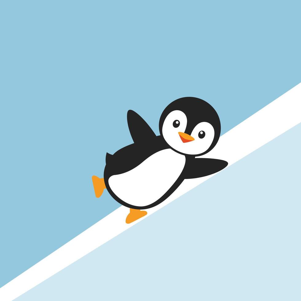 Cute penguin sliding on ice with blue and white background illustration for winter and animal themes vector