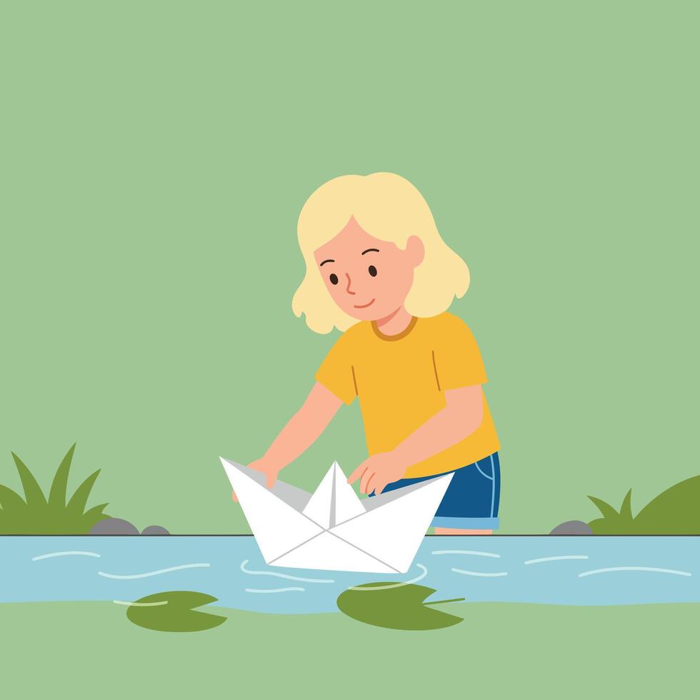 Child playing with paper boat in green pond outdoor summer scene illustration vector