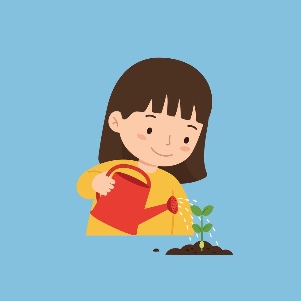 Girl watering small plant with red watering can nurturing growth in garden illustration vector