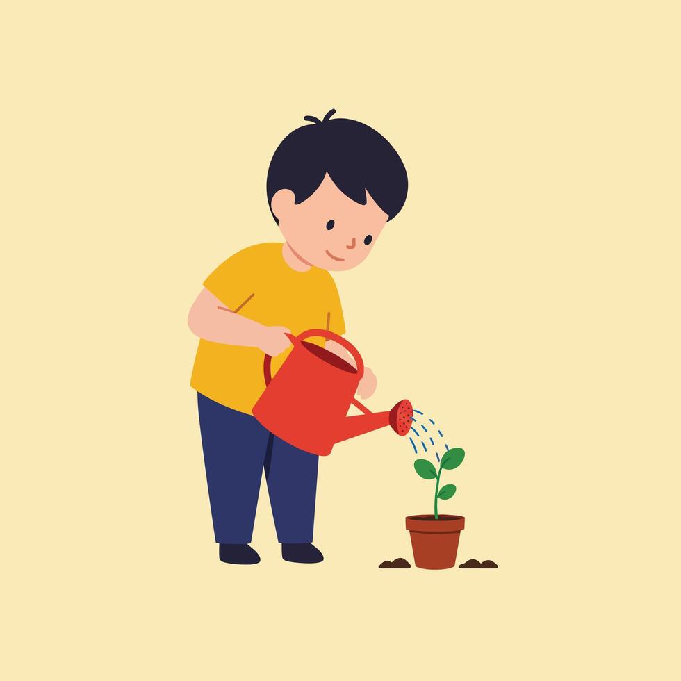 Boy watering small plant with red watering can nurturing growth in pot illustration vector