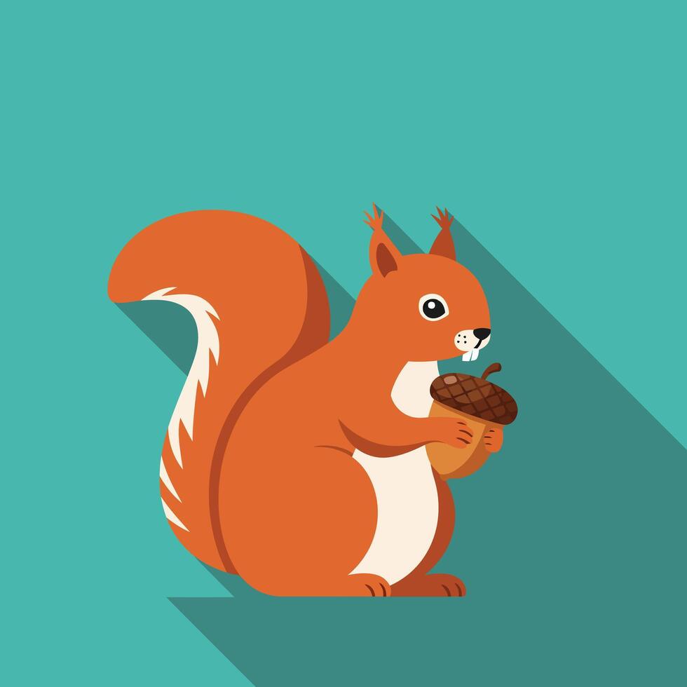 Red Squirrel Holding Acorn Flat Design Illustration with Long Shadow on Blue Background. vector
