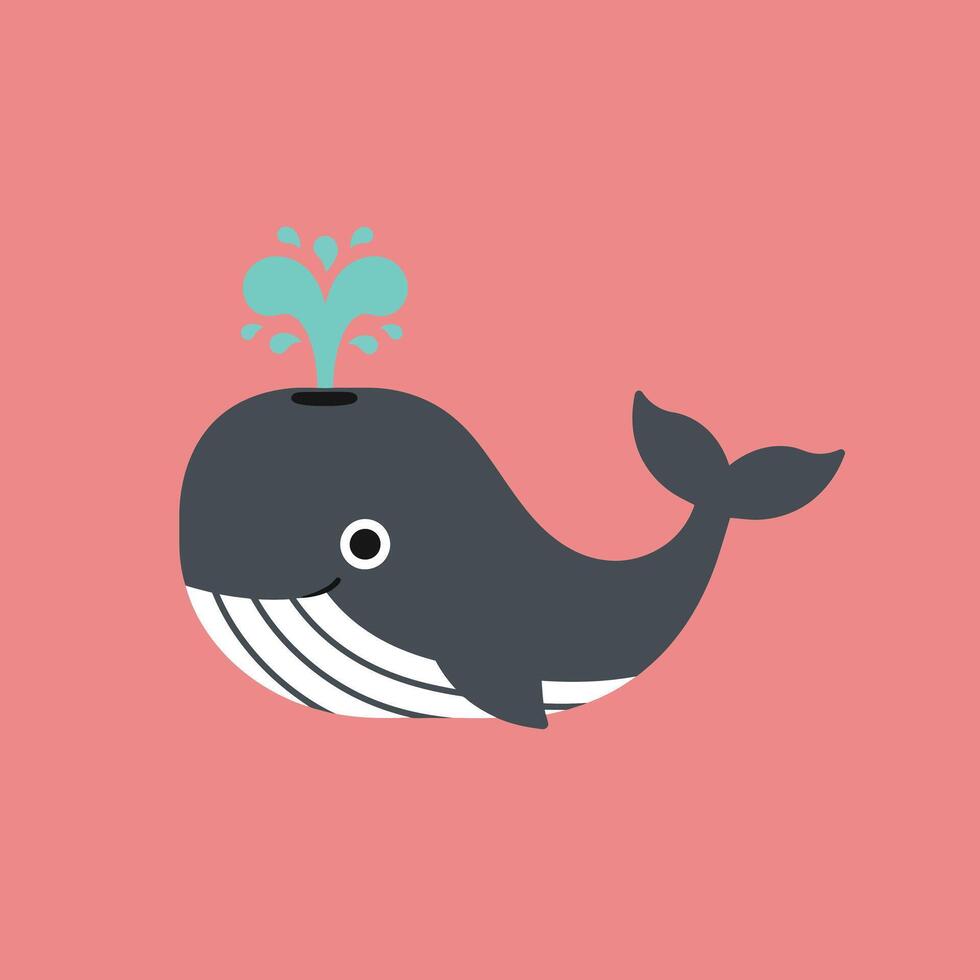 Cute whale spouting water in simple flat style on pink background illustration vector