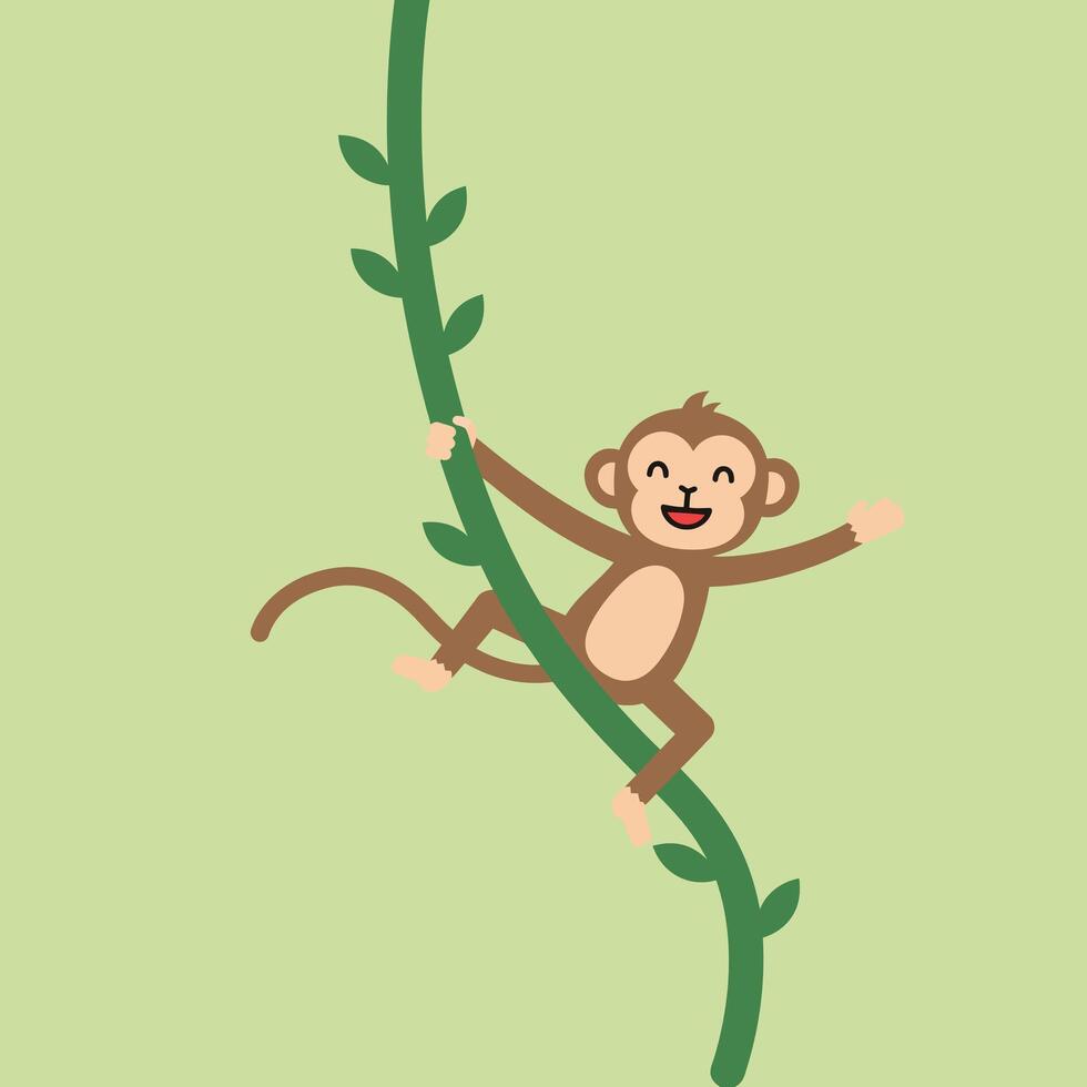 Playful monkey swinging on green vine in jungle environment illustration cheerful animal activity vector