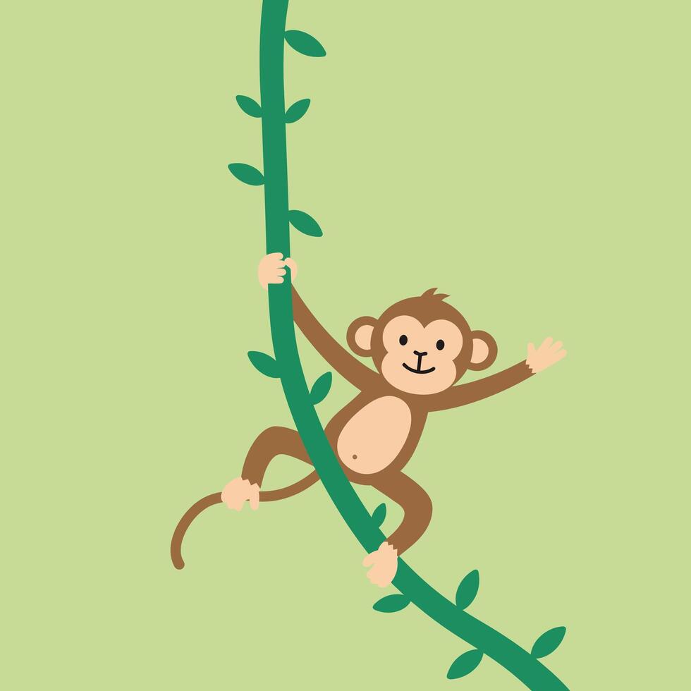 Cute monkey hanging on green vine playful animal illustration with light green background vector