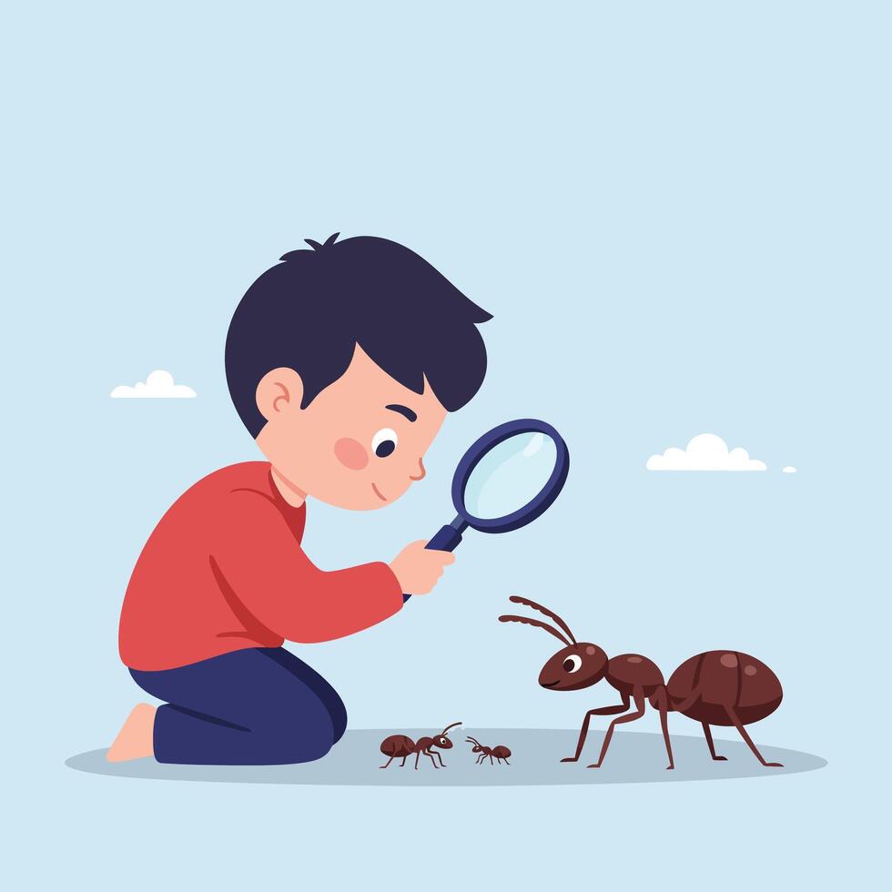 Boy examining ants with magnifying glass close up curiosity and exploration concept illustration vector