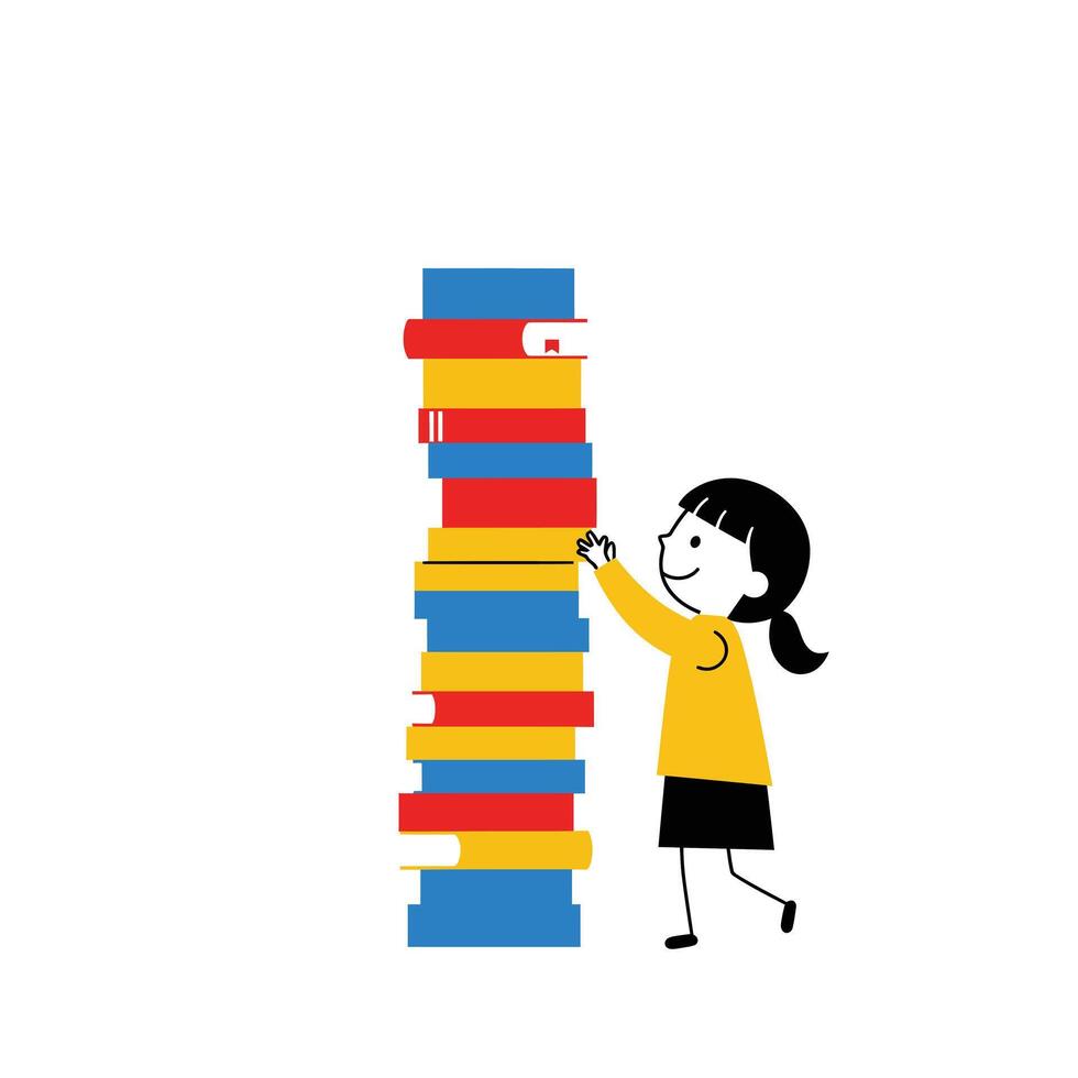 Girl stacking colorful books in red blue yellow educational concept illustration with playful child reading activity vector