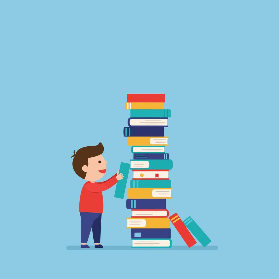 Child stacking colorful books in tall pile learning and education concept illustration vector