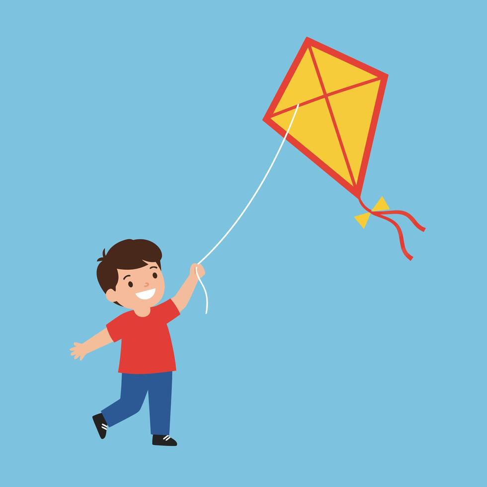 Boy flying yellow and red kite outdoors on blue sky background illustration cheerful activity vector