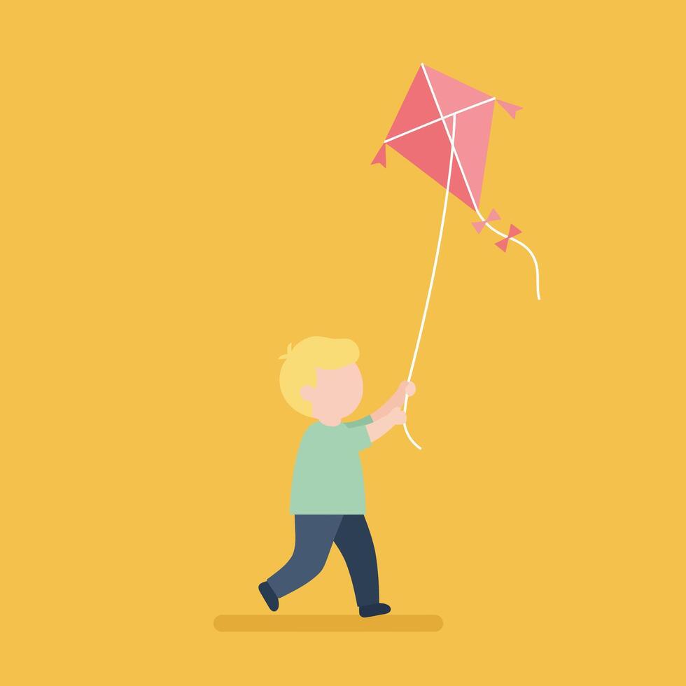 Child flying pink kite on golden yellow background illustration with playful mood and simple style vector