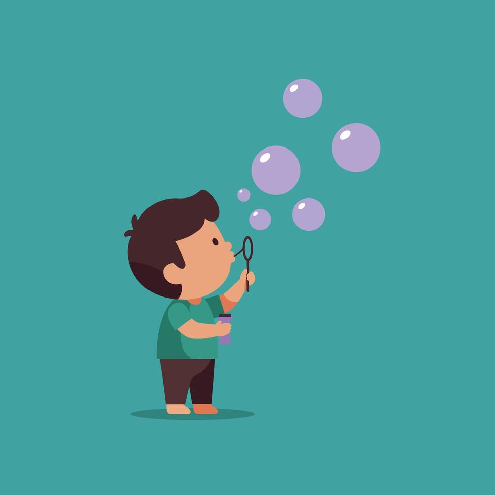Child blowing bubbles illustration with teal background and playful activity in portrait orientation vector