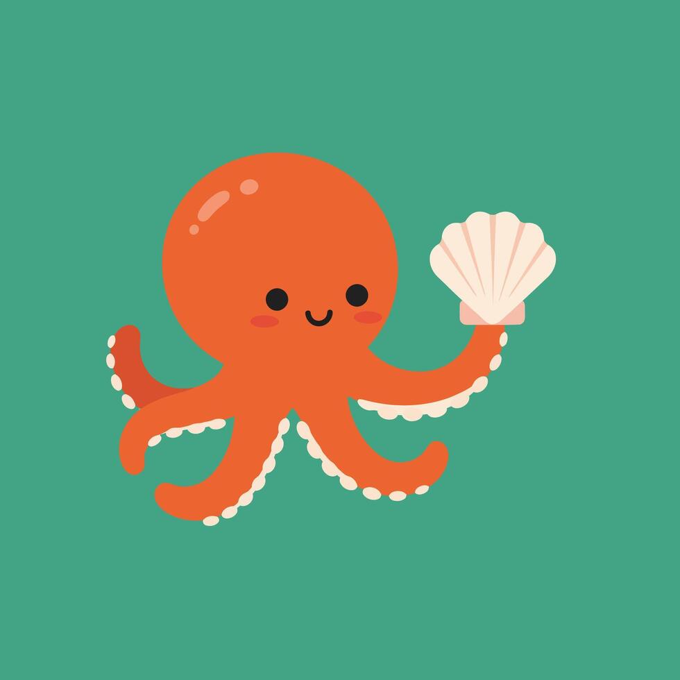 Cute octopus holding white seashell on teal background illustration with smiling face and cartoon style vector