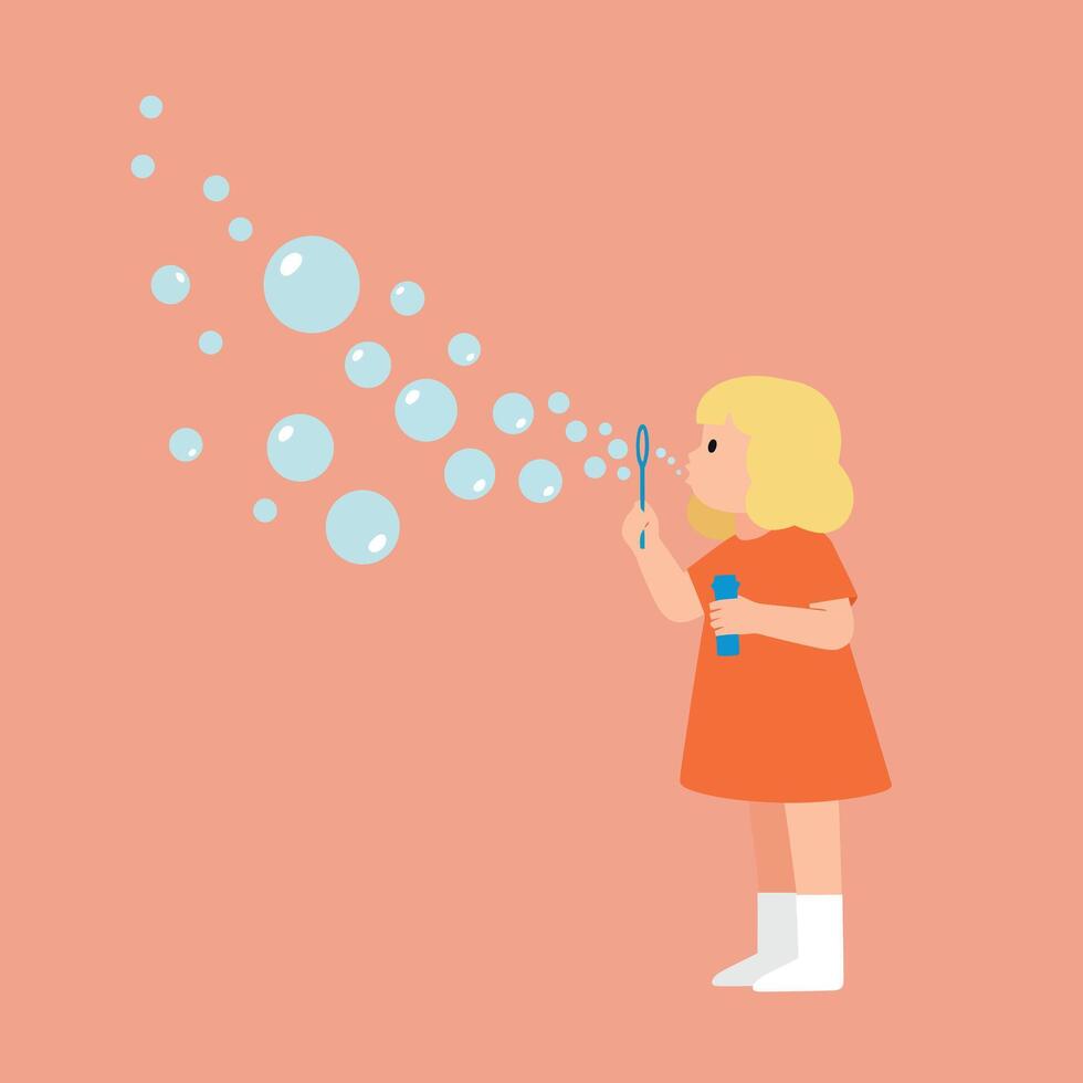 Child blowing bubbles with bubble wand in orange dress on peach background illustration vector