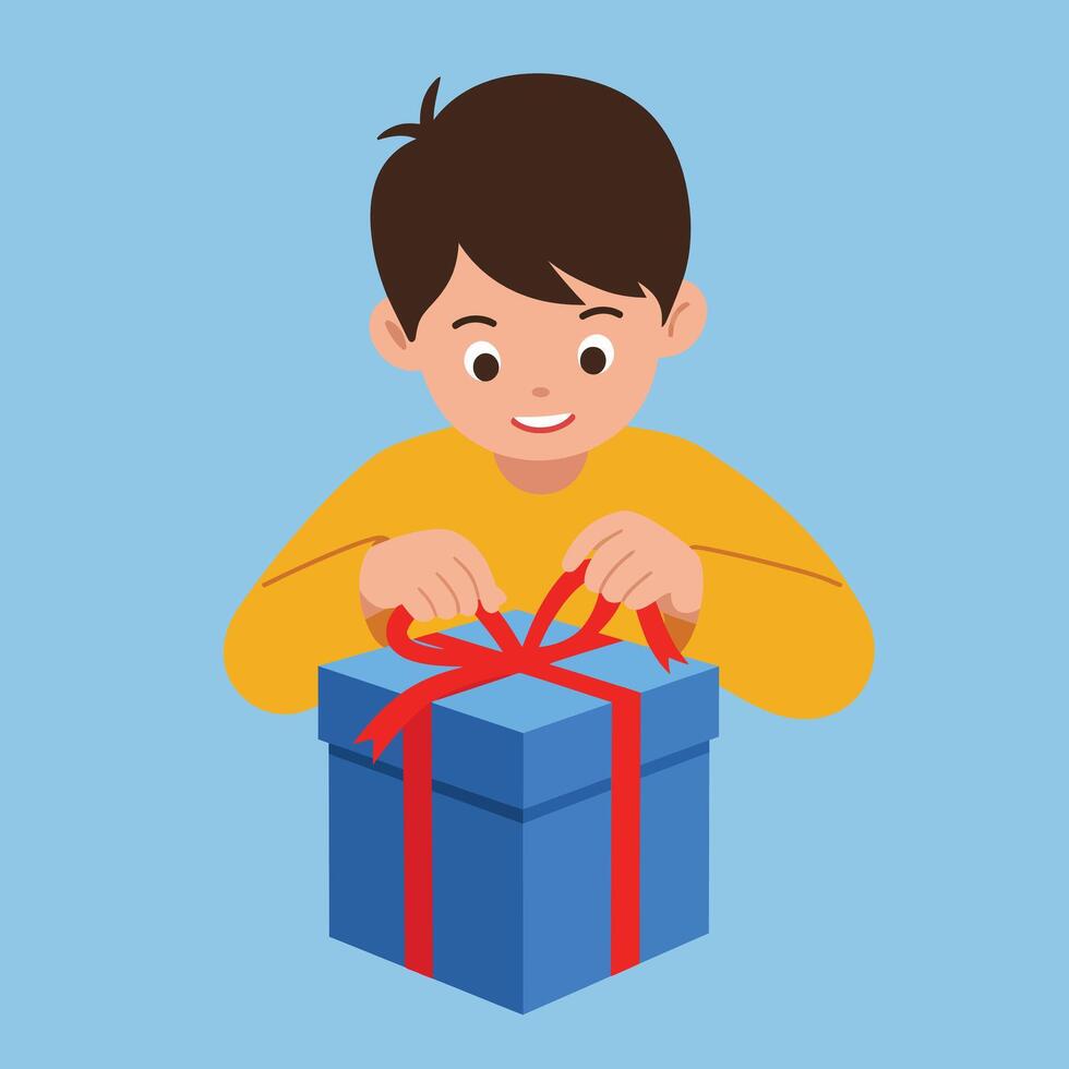 Boy happily opening blue gift box with red ribbon illustration in square format cheerful expression vector