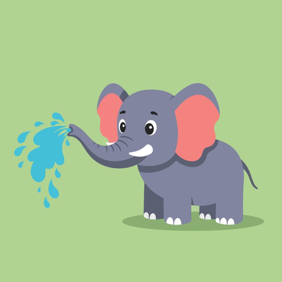 Cute cartoon elephant spraying water from trunk on green background illustration for children design vector