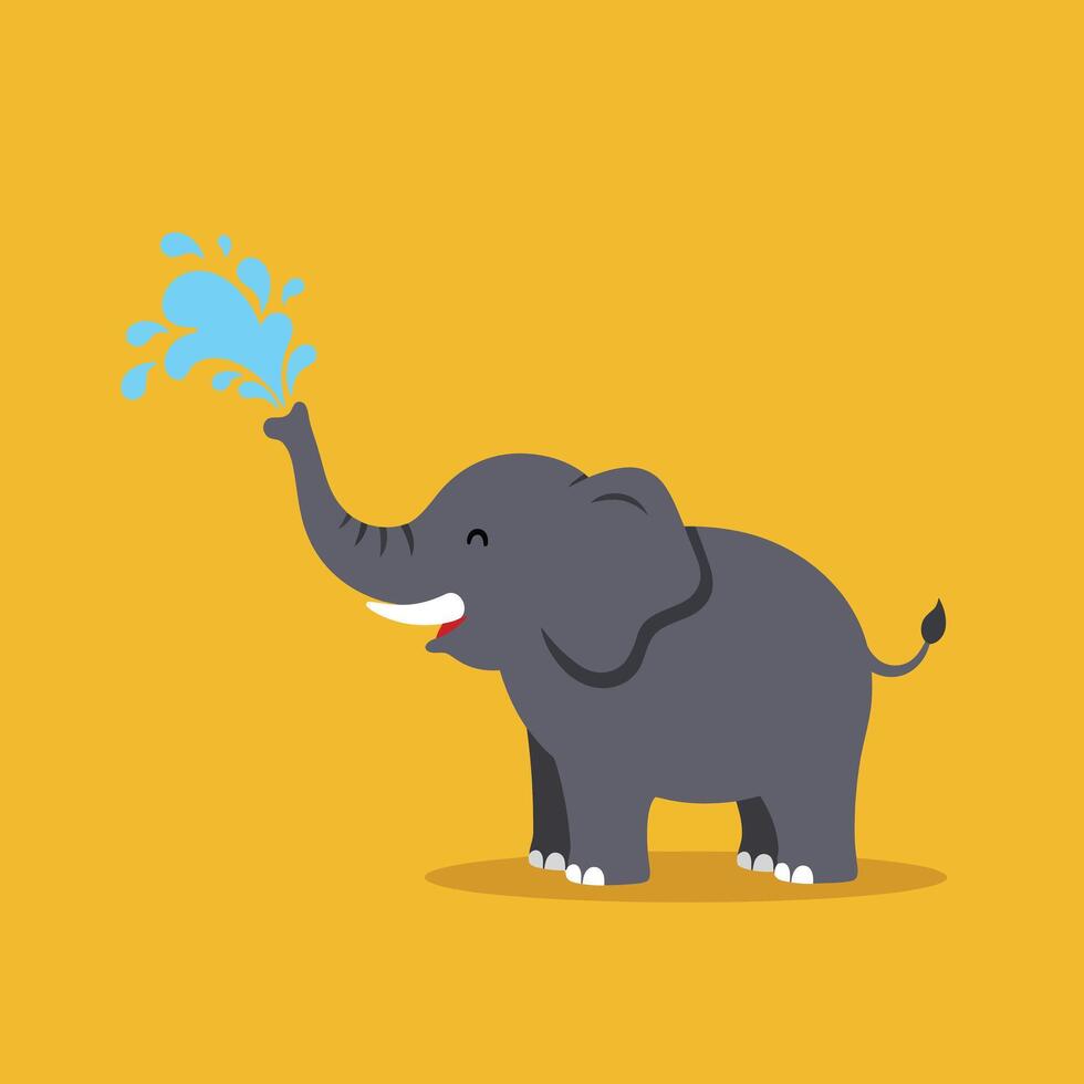 Cute baby elephant spraying water with trunk on yellow background illustration for children design vector