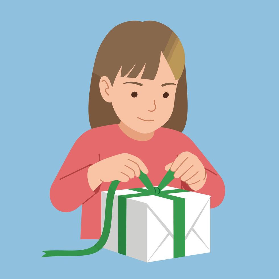 Girl tying green ribbon on white gift box in red sweater illustration portrait vector