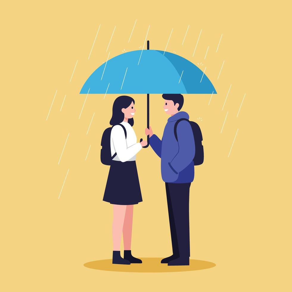 Couple holding blue umbrella standing in rain with yellow background illustration vector