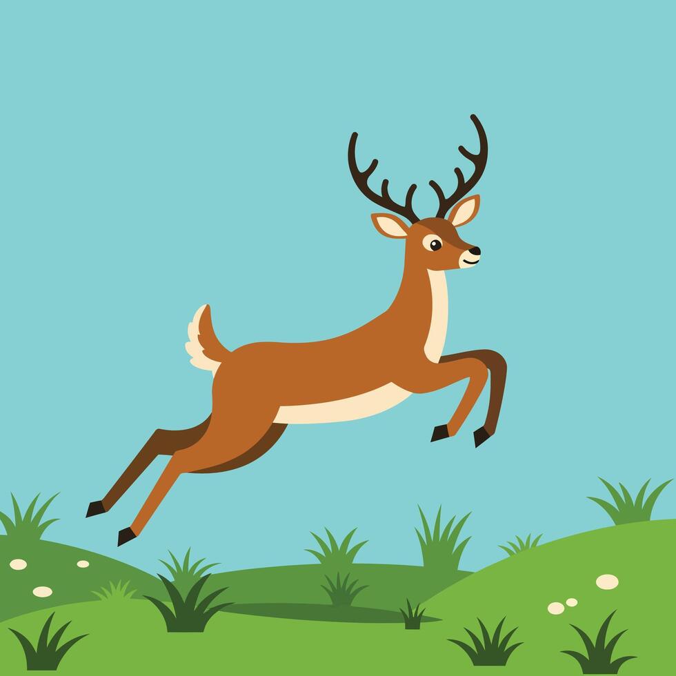 Brown deer jumping over green grass in square illustration with blue sky background vector