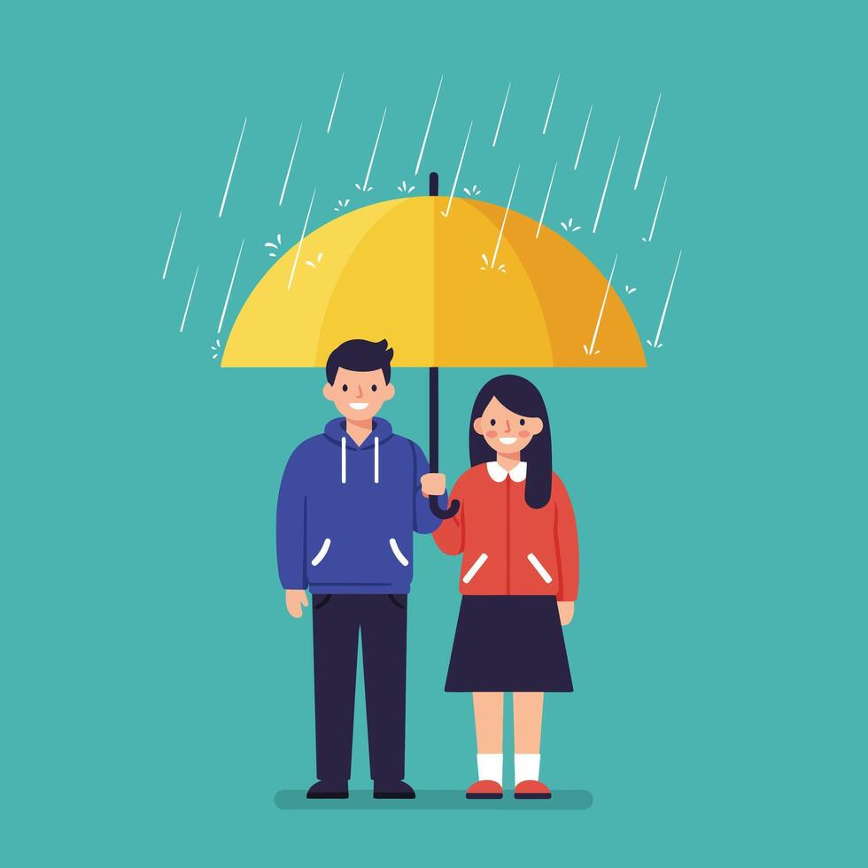 Young couple standing together under yellow umbrella in rain illustration with teal background vector