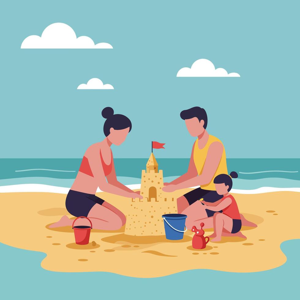 Family building sandcastle on beach enjoying summer vacation with ocean view and blue sky background illustration vector