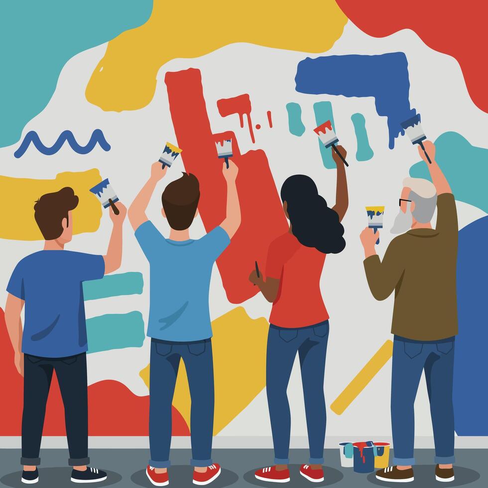 Group of diverse people painting colorful abstract mural together in community art project illustration vector