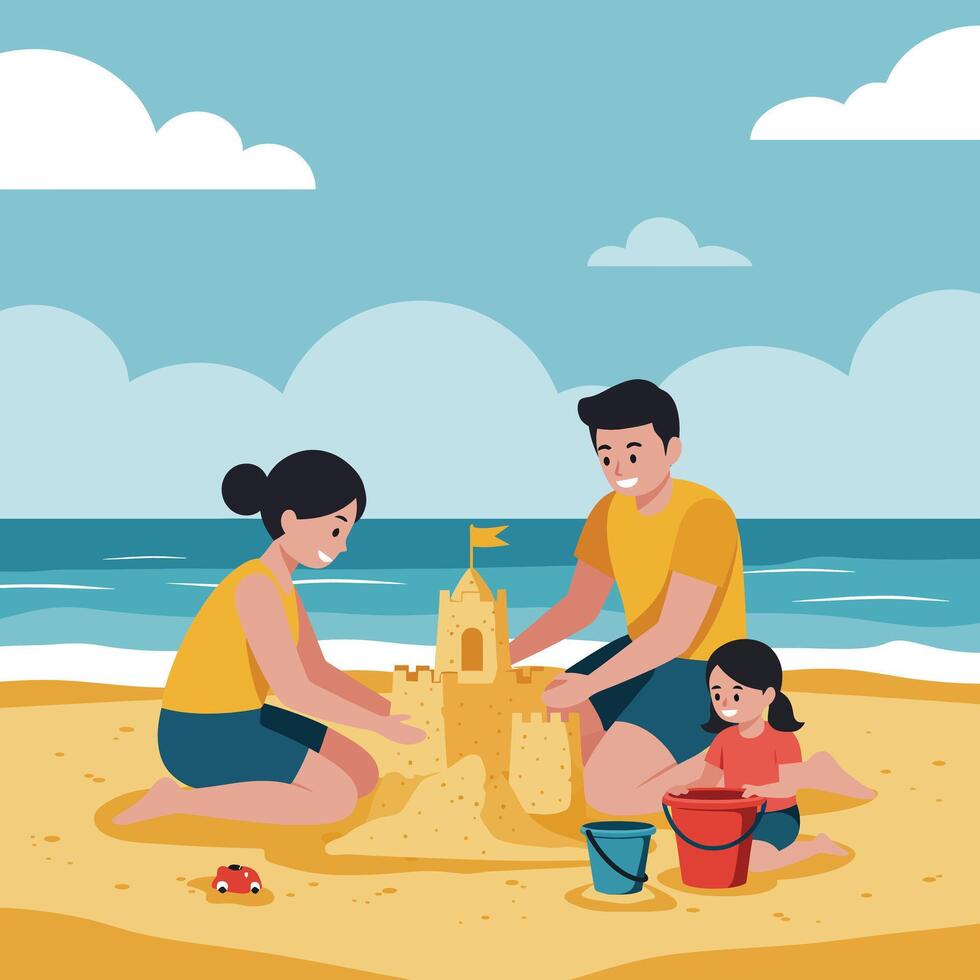 Family building sandcastle at the beach with ocean waves and blue sky summer activity illustration vector