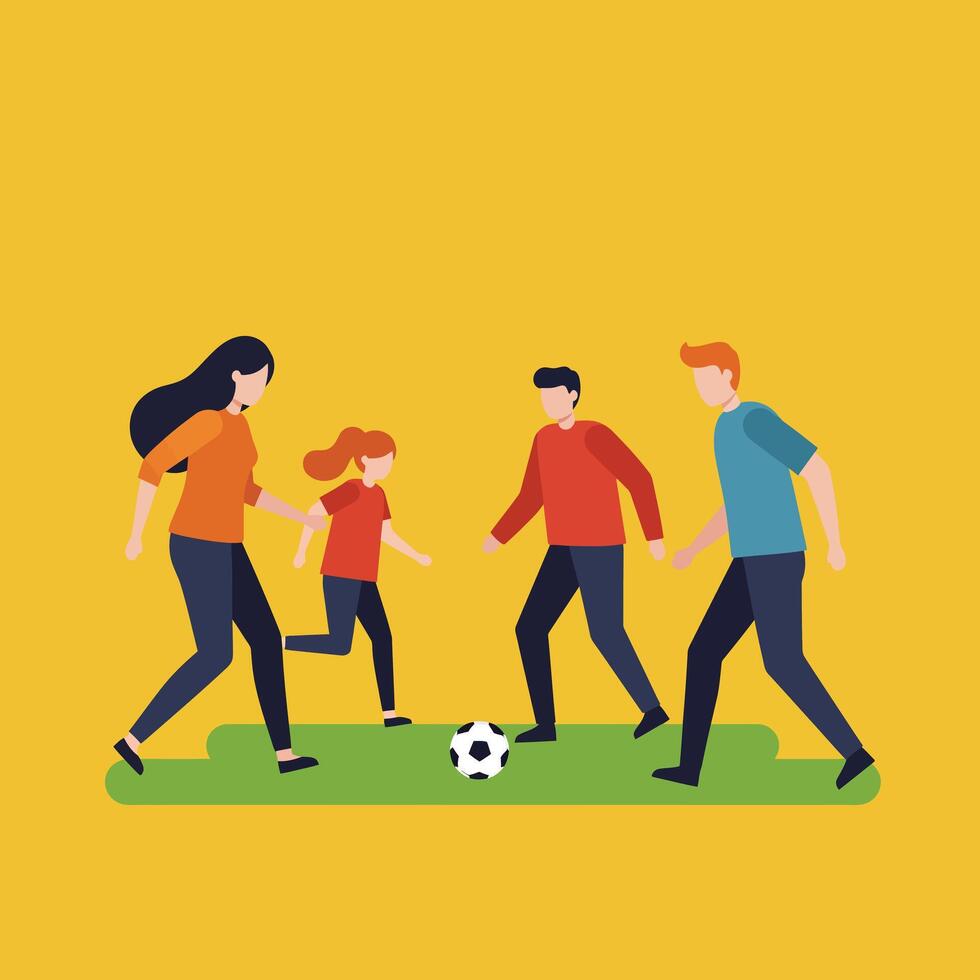 Family playing soccer together on green field with yellow background illustration vector