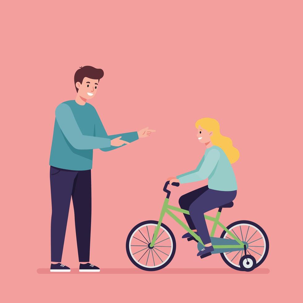 Child learning to ride bike with father guidance on pink background illustration vector