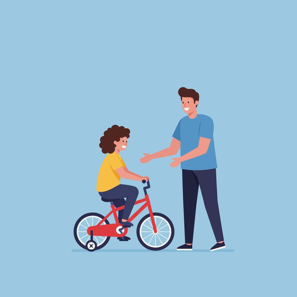 Child learning to ride bicycle with father helping and encouraging child in blue background illustration vector