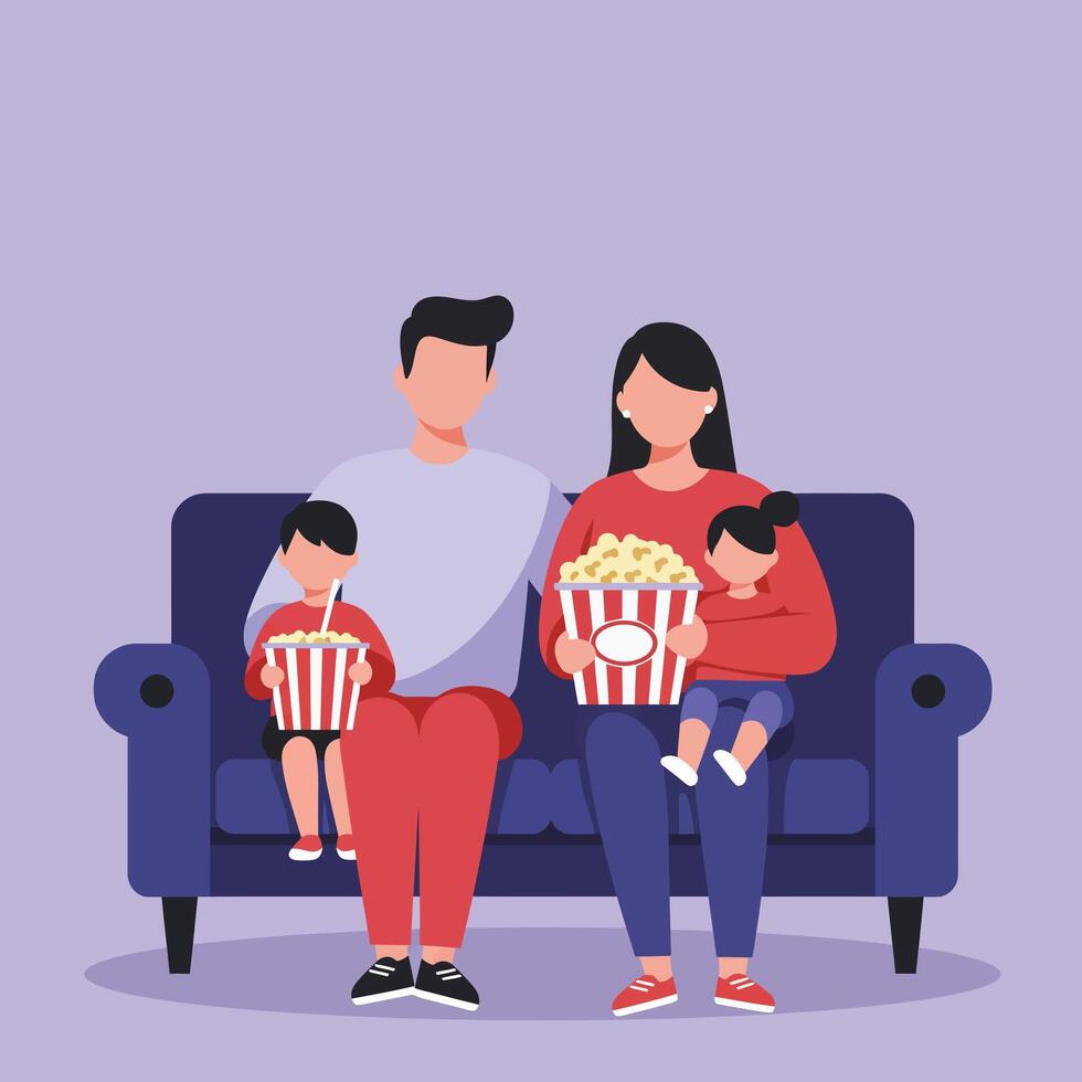 Family enjoying popcorn together on sofa watching movie at home in cozy living room scene vector