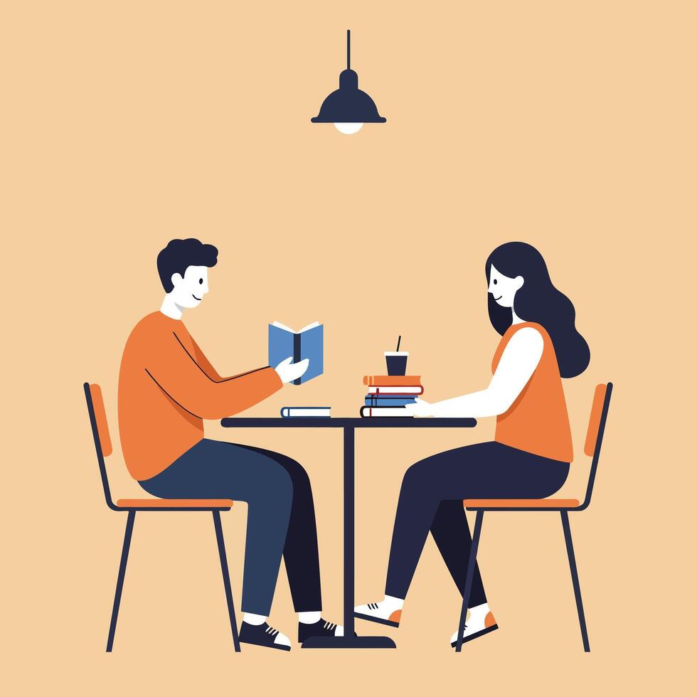 Young man and woman reading books together at table under hanging lamp in cozy setting illustration vector