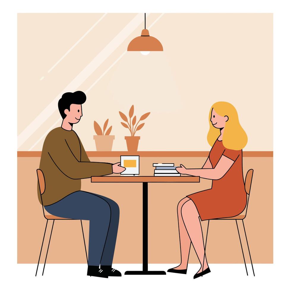 Two people sitting at cafe table drinking coffee and reading books in casual setting illustration vector