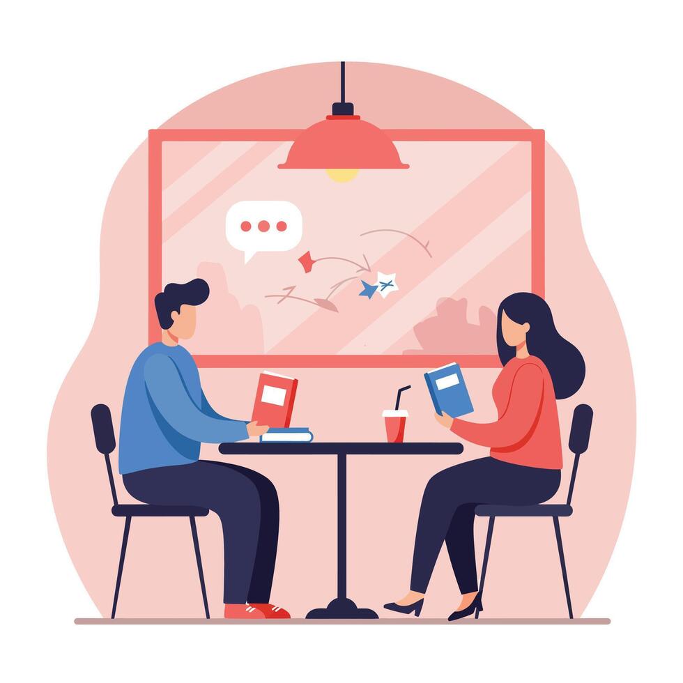 Two people sitting at table exchanging messages over books in cozy cafe environment illustration vector