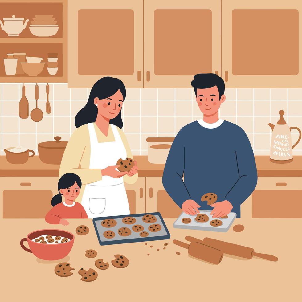 Family baking chocolate chip cookies together in warm kitchen scene with mother father and child enjoying activity vector