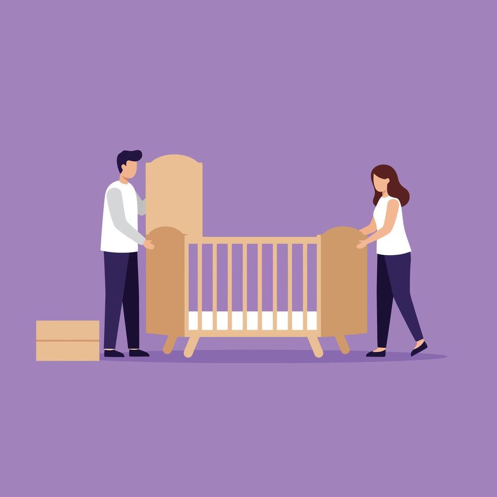 Parents assembling baby crib together in purple background illustration showing teamwork and care vector