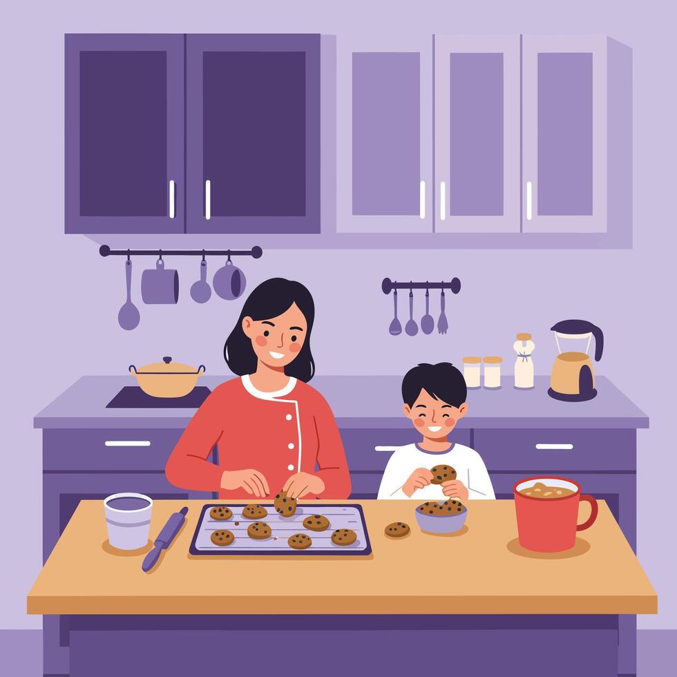 Mother and son baking cookies together in purple kitchen with warm beverage and happy expressions vector