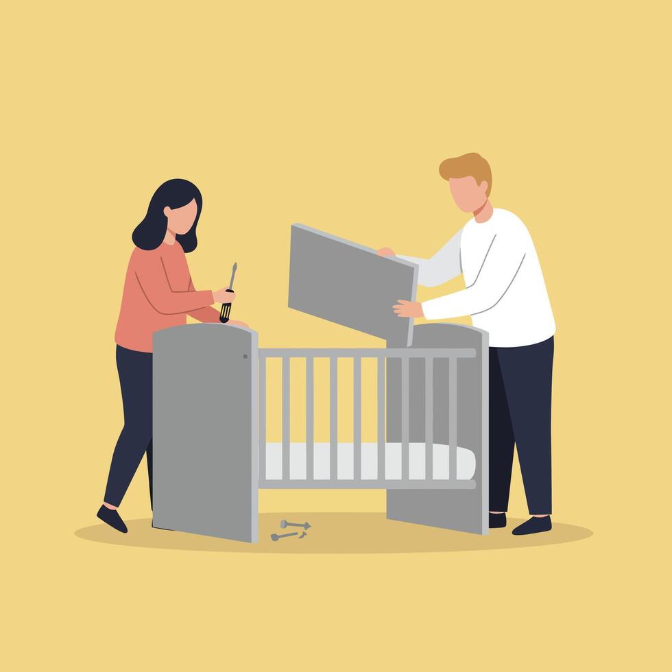 Couple assembling gray baby crib in nursery room with yellow background illustration vector