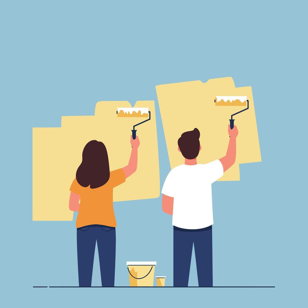 Two people painting wall with yellow paint rollers in minimalist style illustration vector