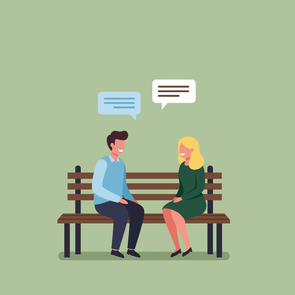 Man and Woman Sitting on Park Bench Having Conversation Illustration in Flat Style with Speech Bubbles vector