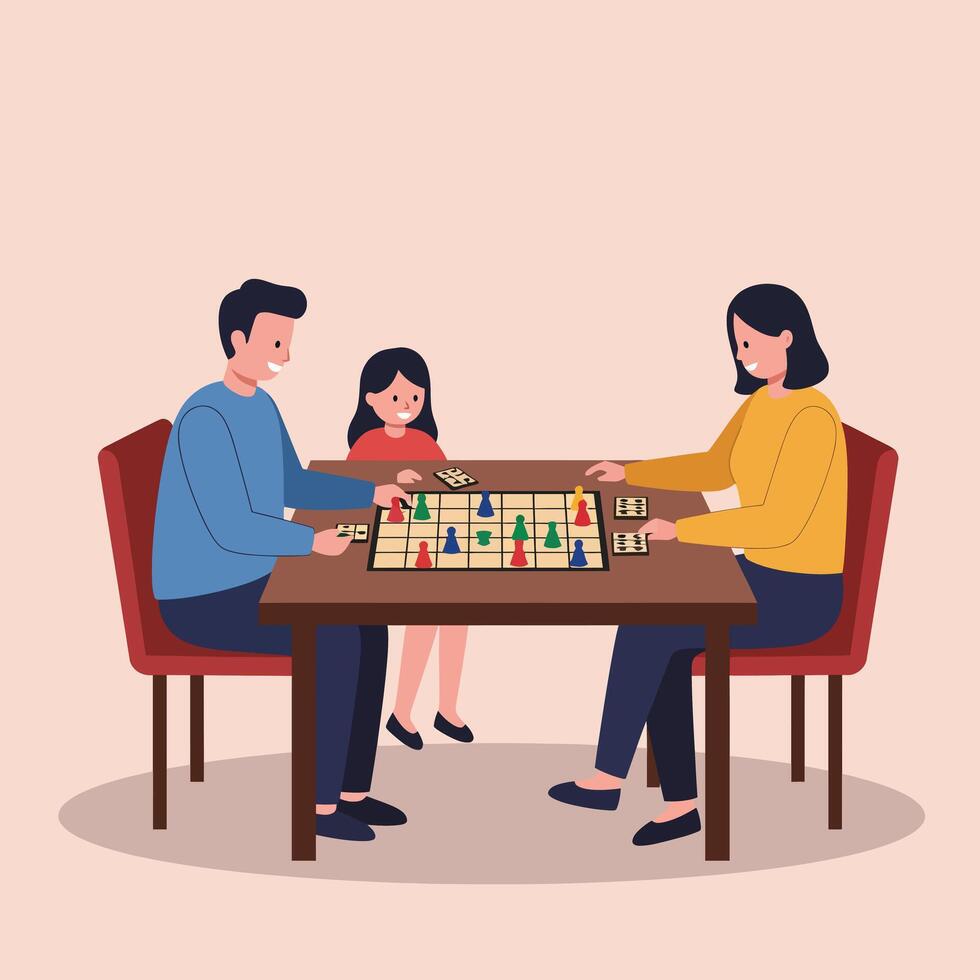 Family playing board game together in cozy indoor setting with parents and child enjoying leisure time vector