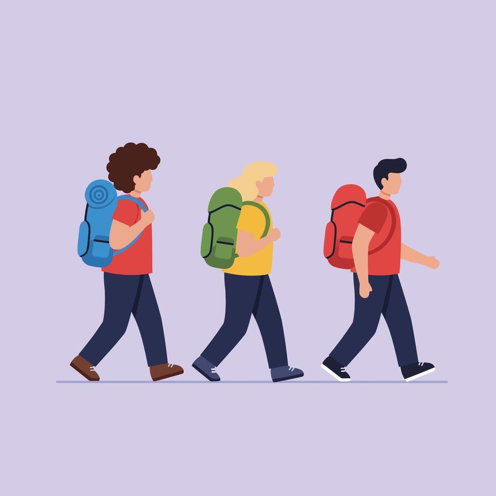 Group of hikers walking with backpacks in casual clothes outdoor trekking activity illustration vector