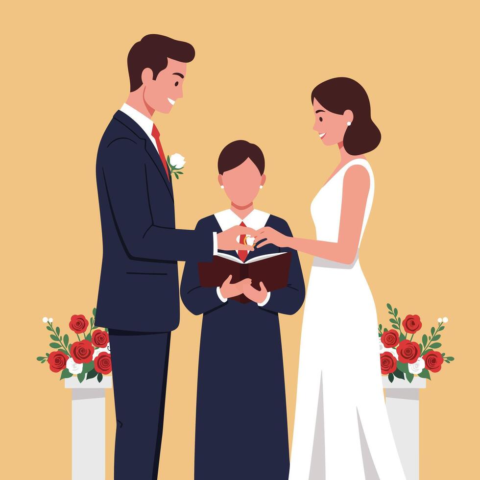 Bride and groom exchanging rings during wedding ceremony with officiant holding book illustration vector
